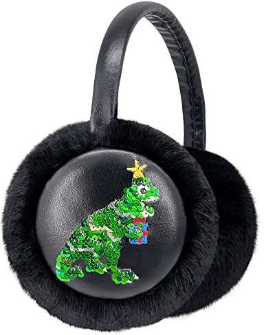 Gifts Treat Boys Earmuffs Kids Leather Ear Muffs Kids in Plush Adjustable Winter Warm Toddlers Ear Warmers with Flip Sequin Dinosaur Pattern for Boys, Black Sequins