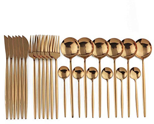 24 stücke Gold Geschirr Set 18/10 Edelstahlbesteck Set Gabelmesser Löffel Geschirr Set Flatware Set Silberwaren Set essgeschirr (Color : 24pcs Rose Gold)