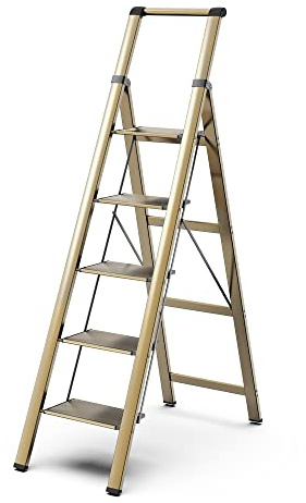 GameGem 5 Step Ladder for 10 Feet High Ceiling, Lightweight Aluminum Folding Step Stool with Convenient Handgrip, Stepladders with Anti-Slip and Wide Pedal for Home Use Space Saving - Gold