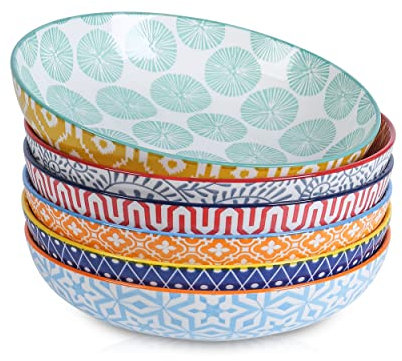 Selamica 740 ml Pastateller, Porzellan Salatschüssel 6er Set, Suppenteller tief, Tiefe Teller für Spaghetti, Nudeln, Suppe, Mikrowellen- und Spülmaschinenfest, Stapelbar, Bunte