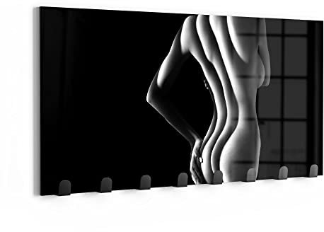 DEQORI Wandgarderobe Glas & Metall | Motiv Sexy Frauensilhouette | 60x30 cm | Design Haken-Leiste modern | Garderoben-Paneel für Flur, Wohnzimmer & Schlafzimmer | magnetisch & beschreibbar