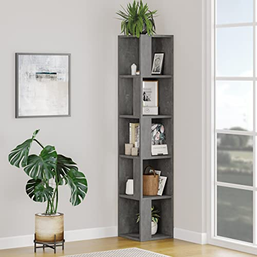 HOCUS PICUS 5 Tier Corner Bookcase with Many Colour Options, 31.4 x 31.4 x 158.9 cm, Living Room Furniture, Easy to Assemble, Book Storage, Display Unit (Retro Grey)