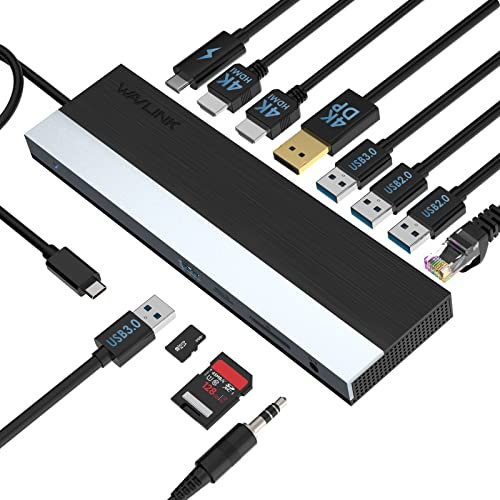 WAVLINK - Estación de Acoplamiento USB C 3 Pantallas con 2 HDMI, DisplayPort, USB A 3.0/2.0, SD y Micro SD Slot, Ethernet, PD Charging para Microsoft Surface/Google