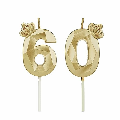 DTXLX Velas 3D cumpleaños Dorado números 60 con corona, para tartas, decoración cumpleaños, velas cumpleaños niños, fiestas, bodas, fiestas empresa, aniversarios (Dorado #60)