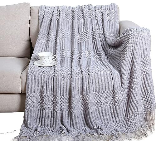 Zoomlie Strickdecke mit Fransen, gewebte Decke, groß, leicht, dekorativer Bezug für Sofa, Bett, Couch, alle Jahreszeiten, Heimdekoration, Hoteldekoration (hellgrau, 130 x 172 cm)