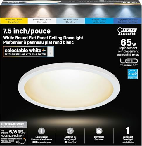 Feit Electric 5/6 Inch LED Ceiling Downlight, Dimmable Flat Panel Ceiling Light with Color Selection (5CCT), Fits 5/6 Inch Recessed Cans, TP24 Adapter Included (7.5x 7.5x 1), 4 Pack, 74206/6WYCA/4