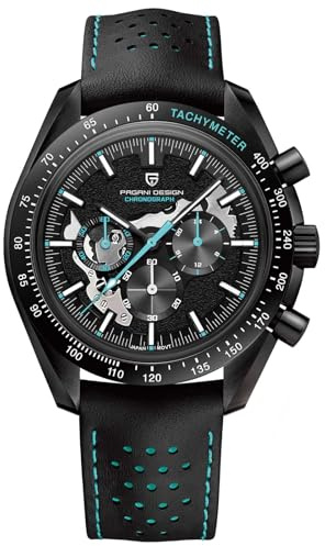 Pagani Design 1779 Herrenuhr Skelett-Chronograph, Japanisches Uhrwerk VK63 Echtes Lederarmband, 100 Meter wasserdicht Luxus-Quarz-Uhr. (Blau)