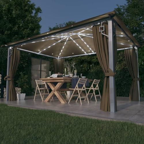 Gecheer Gazebo 4x3m con Tende e Luci LED, Pergola da Esterno con Telo e Zanzariera, Padiglione da Giardino per Feste e Barbecue - Grigio Talpa Alluminio