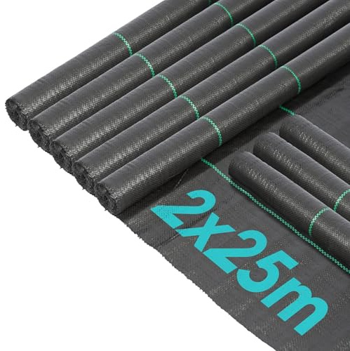 Harbour Housewares 110gsm Weed Control Membrane - 8 Rolls of 2M by 25M each - Black Heavy Duty Weed Control Fabric Barrier Ground Cover for Garden, Patios, Flower Beds, Landscaping