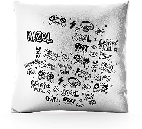 Hairyworm Personalised Cushion Cover with Filling Optional, Pink, Champagne, White Glitter Square Cushion Customised with Name, Gaming Headphone Controller Design Print, Gamer Pillow