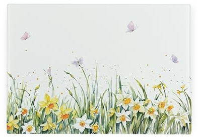 Spring Time Daffodils Rectangular Small Glass Worktop Saver - Floral Smooth Kitchen Chopping/Cutting Board Worktop Protector with Non-Slip Feet 28.5cm x 20cm (11 x 8)