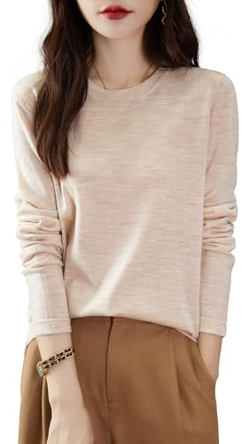 Chanyarn 100 % merino ullskjorta damer rund hals långärmad för resor vandring t-shirt underkläder topp, Beige, XL