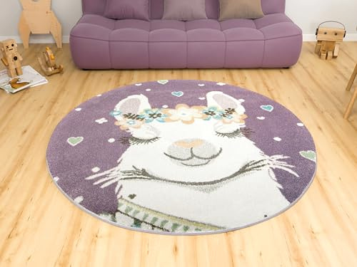 AKCILA Lima runden Kinder Teppich Lama Lila | Cremig 100 cm|Kinderzimmer Kurzflor Teppiche | Kinderteppich Jungen |Kids Carpet | Spielteppich Kinder | Babyzimmer Tepich | Wohnzimmer|Schlafzimmer