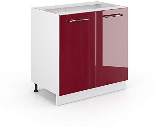 Vicco Meuble Bas sous-évier Fame-Line, Rouge Bordeaux Haute Brillance/Blanc, 80 cm avec étagère, PT Chêne