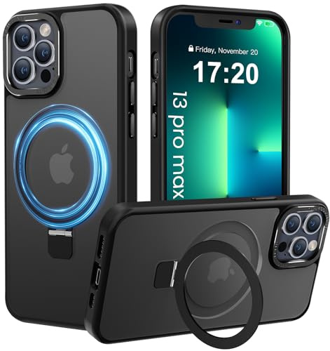 PuyaTeya für iPhone 13 pro max Hülle mit Magnet Ständer, Schwarz | Kratzfeste, fingerabdruckresistente, rutschfeste und stoßfeste [transluzent matte] Handyhülle für iPhone 13 pro max