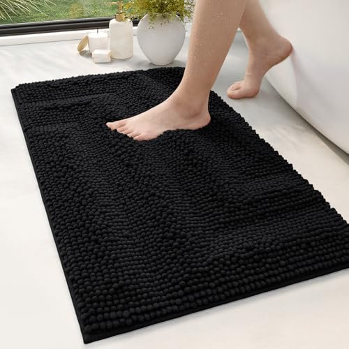 DEXI Badezimmerteppich 50 x 80 cm, Chenille Flauschiger Badematte, Badvorleger rutschfest waschbar, Saugfähige Badteppich, weicher Duschvorleger für Badezimmer, Schwarz