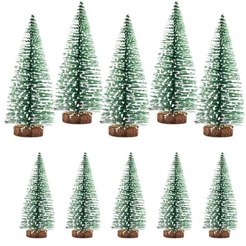 CONNECTION 10 Pcs Mini Christmas Tree Artificial 10/15 cm Snow Frosted Tabletop Christmas Tree with Wooden Base Miniature Christmas Tree Bottle Brush Trees for Christmas Party Home Decor (Green)