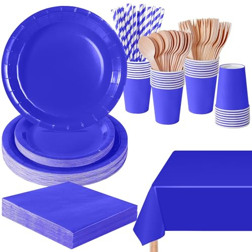 PYAILI Bleu Saphir Anniversaire Vaisselle de fete 169 Pièces 24 Invités | Party Assiettes en Papier Set Assiettes de Fête Papier Tasses Serviettesr, pour Barbecue les Fêtes les Pique-niques