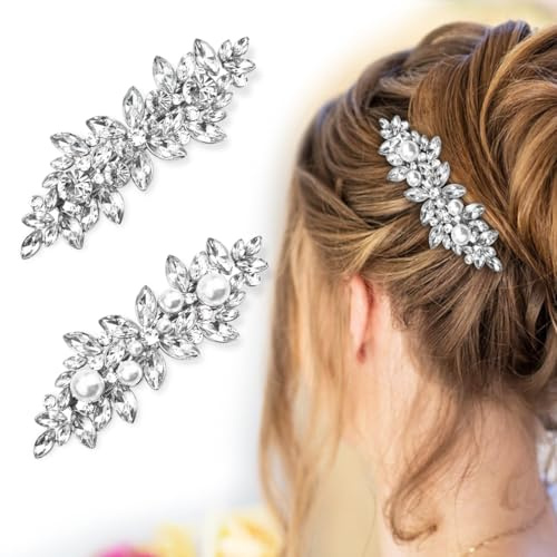 SHSMPXOY 2 Stück Strass Haarspange Silber Französische Haarspange Hochzeit Perlen Braut Haarschmuck Kopfstücke Schmuck für Damen Frauen Party Brautjungfern Abendparty Hochzeit