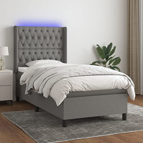 OHOOWOO Boxspringbett mit Matratze & LED Dunkelgrau 90x200 cm Stoff,Hochwertiges Boxspringbett mit Matratze und LED für erholsamen Schlafkomfort