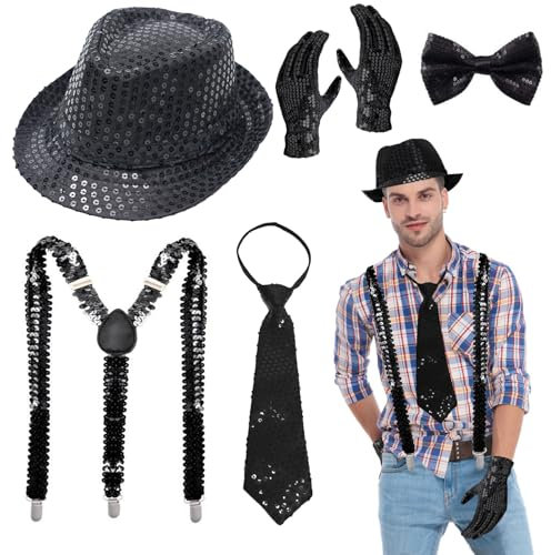 Xerteam Glitzer Accessoires Herren, Glitzer Kostüm Herre, mit Krawatte, Pailletten Herrenhut Handschuhe, Hosenträger, Fliege, Glitzer Outfit Herren für Fasching Party Dance Performence