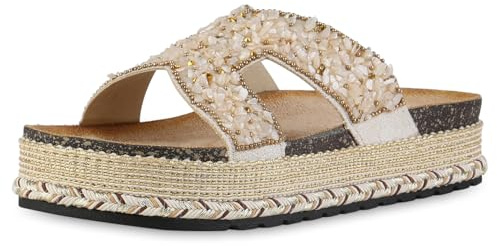 VAN HILL Damen Pantoletten Plateau Nieten Trendy Schuhe 216735 Beige 36