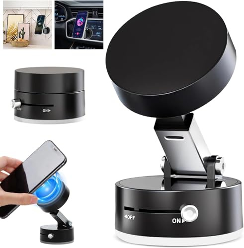 Magnetic Suction Phone Mount, 2025 New Vacuum Suction Phone Holder Foldable and Retractable, 360° Rotation Hands-Free Magnet Cell Phone Holder for Car Mirror & All Smooth Surface (Black)