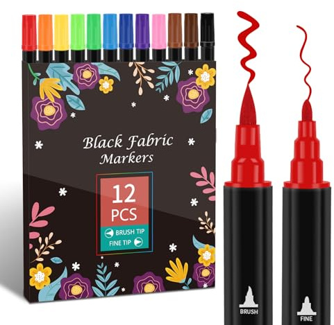ABEIER 12 Pennarello per Tessuti, Doppia Punta Pennarelli,Tessuto Markers Penne Set Lavabile Resistente Tessuto Vernice Penne Permanente per Cothes Personalizzazione Camicie Borse Cappelli