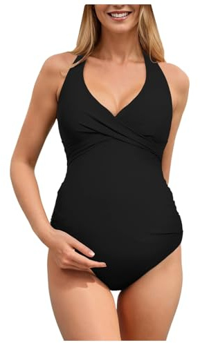 Women Swimsuit Maternity Bathing Suit Ladies HalterNeck Pregnancy Swimwear Deep V-Neck Swimsuits Backless Solid Color Beachwear Comfortable Swim Wear for Pregnant Women Swimming Costume (Black, L)