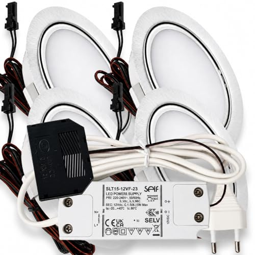 4er Set LED Einbauleuchte Emma 12V 3W Warmweiß 3000K | Ultra flach Ø65mm Einbaustrahler IP20 für Möbel, Küche & Schrank | Mit Plug-and-Play Trafo, Mini-Verteiler & 230V Zuleitung mit Eurostecker