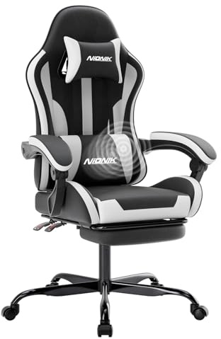NIONIK Bürostuhl Gaming Stuhl, Gamer Stuhls Computerstuhl mit Fußstütze, Gepolstert Gaming Chair,Gaming Sessel für Erwachsene, Drehsessel Schwarzweiß