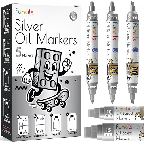 Funcils Marqueurs Peinture Argentée à l’Huile (5 pcs, double pointe + Jumbo 10/15 mm) – Stylos permanents résistants à l’eau pour métal, verre, bois, tissu, plastique, pneus, meubles