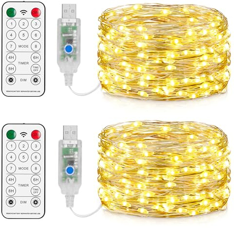 Forepin USB Guirlande Lumineuse 10M, 100 LED en Cuivre, 8 Modes Dimmable avec Télécommande et Minuterie, Imperméable Lumières d'arbre de Noël Fil de cuivre Décoration