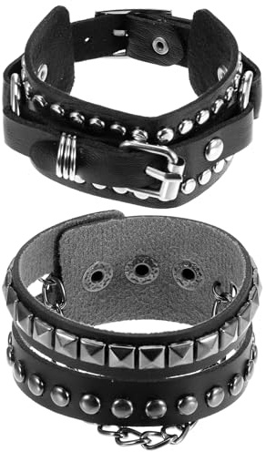 Apausvcm 2 Pcs PU Leather Spike Bracelet for Men Women, 80s Vintage Punk Rock Bracelet Gothic Adjustable Black Studded Wristband Emo Accessories for Rocker Outfits