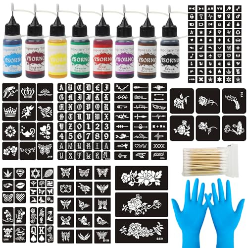 Juego de tatuajes de henna de 8 colores, incluye 195 plantillas con guantes y aplicadores para diseños creativos de tatuajes, accesorios para tatuajes temporales, manualidades, arte corporal, pintura