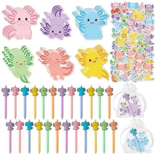 QIMGIC Axolotl Stationery Party Favors - 24 Set Cute Axolotl Stickers Notes Ballpoint Pens with Organza Goodie Bags for Birthday, Colorful Self-Stick Memo Pad for School Reward Gift