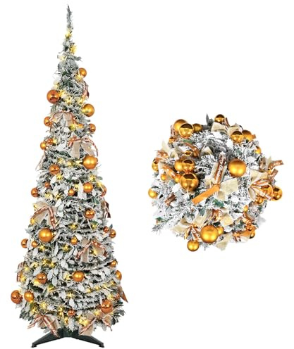 AGM 1.8M Pop Up Weihnachtsbaum mit Schnee, PVC Künstlicher Weihnachtsbaum mit Schleifen, Weihnachtskugeln, Beleuchtung, Stabile Basis Tannenbaum Künstlich für Weihnachten