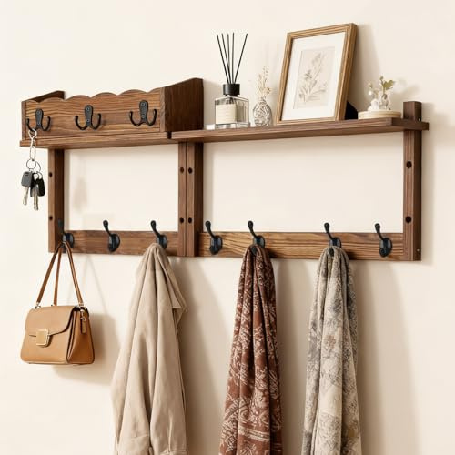 Dellicasi 28 Coat Rack Wall Mount with Shelf, Entryway Key Holder Wall Mount Wood Wall Coat Hooks with 7 Hooks 3 Key Hanger, Wall Mounted Coat Rack Mail Holder for Living Room, Bedroom