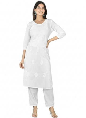 Vrnda Indian White Chikankari Cotton Kurtis for Women Tunic Top Pant Set Salwar Suit - Medium