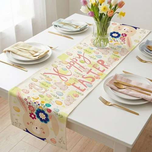 Ostern Tischläufer, Seutgjie Ostern Deko mit Hase Osterei Muster für Esstisch Frühling Osterparty Tischdekoration für Drinnen und Draußen 180x35 cm