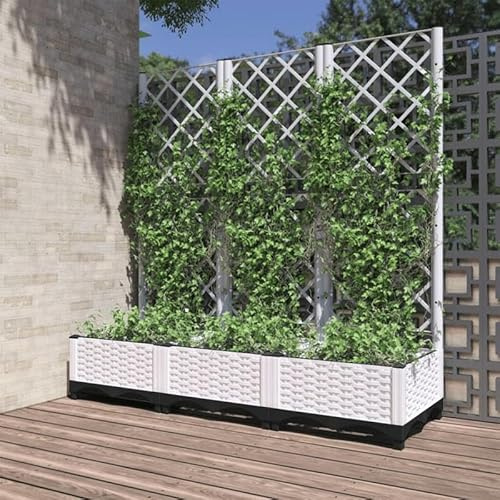 Eleganz Pot de fleurs avec treillis blanc 120 x 40 x 121,5 cm PP – Grande jardinière pour jardin et balcon, durable et résistant aux intempéries, idéal pour les plantes grimpantes et plus encore