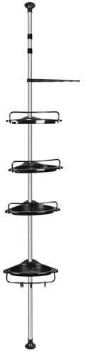 Teleskop Duschablage ohne Bohren 4 Ablagen höhenverstellbar Edelstahl Duschregal Teleskopregal Bad Regal Eckregal Duschkorb,105–310 cm (Kunststoff) – Schwarz