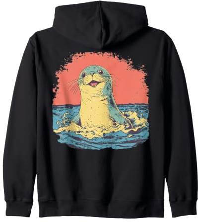 Happy Seal Surfing Waves Vintage Ocean Life Graphic Zip Hoodie