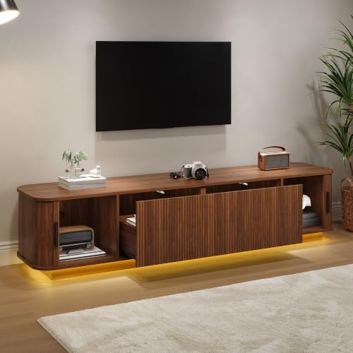 Merax Meuble TV 180 cm LED avec Rangement, Portes coulissantes, Noyer