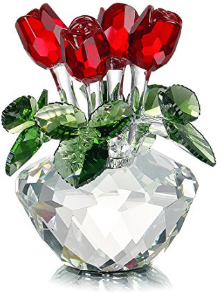 H&D HYALINE & DORA Red Rose Figurine Ornament Spring Bouquet Crystal Glass Flowers Gift-Boxed