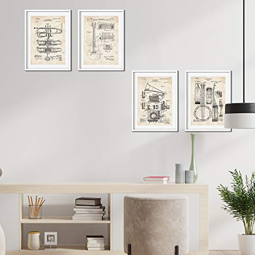 Nacnic Musikinstrument Patent Poster 4er-Set | Posterset mit Erfindungen und alten Werkzeugen | Bilder von Trompete, Gitarre, Banjo und Gramophon | Größe A4.
