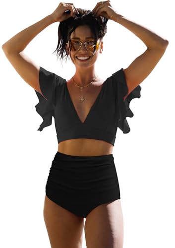 SPORLIKE Women Ruffle High Waist Swimsuit Two Pieces Push Up Black Bikini (Black,X-Large)