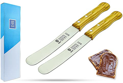 SMI - 22,5 cm Solingen Brötchenmesser Buttermesser Frühstücksmesser Buckelsmesser aus Olivenholz Griff, Nicht spülmaschinenfest - 2 Stück