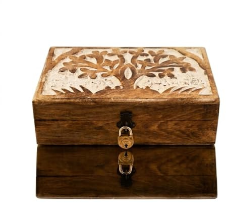 Schmuckkästchen aus Holz, handgefertigt, dekorativ, Baum des Lebens, Schnitzerei & Schloss & Schlüssel, Schmuck, Organizer, Andenken, Box, Schatztruhe, Schmuckhalter, Uhrenschloss, 20x12 cm (White)
