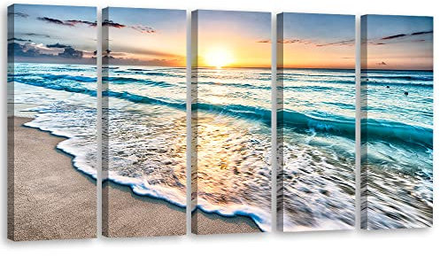 Feeby 5-teilig Vlies Leinwandbild 200x80 cm Strand Wolken Meer Himmel Wand Bild Kunstdruck Deko Wohnzimmer Wohnungs Deko Natur Wellen Sonnenuntergang Blau